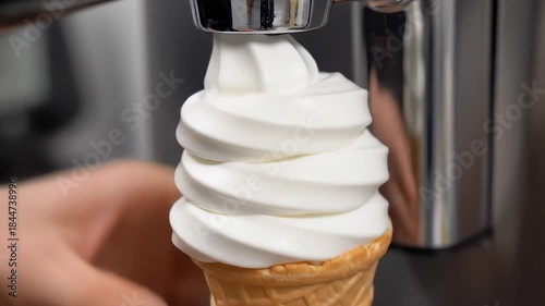 Dispensing Soft Serve Ice Cream Into Waffle Cone, Close Up