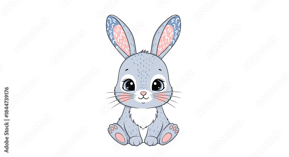 Fototapeta premium Incredibly cute cartoon baby bunny with big expressive eyes and patterned ears sitting on a clean white isolated background.