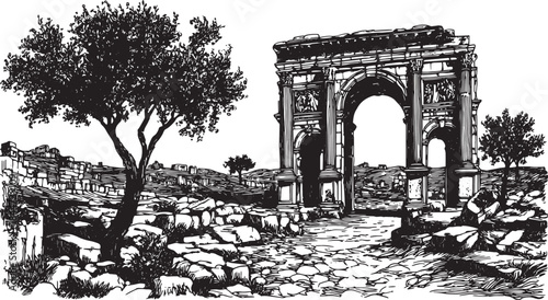 Sketch of an arch in ruins with trees and stones. Classic black and white vector illustration showcasing a historic outdoor landscape set.
