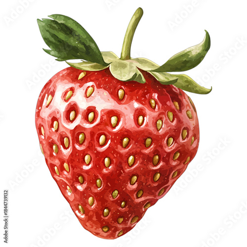 Watercolor fresh red strawberry with green stem, vector illustration
