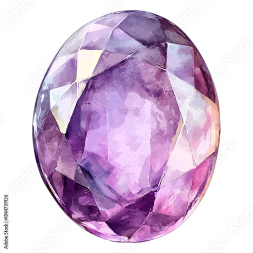 Watercolor purple amethyst gemstone, oval cut, vector illustration
