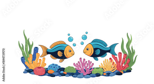 Colorful underwater scene with two friendly cartoon fish swimming together among a variety of vibrant corals and sea plants.