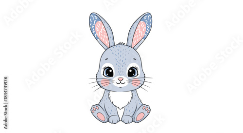Incredibly cute cartoon baby bunny with big expressive eyes and patterned ears sitting on a clean white isolated background.