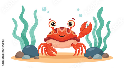 Cheerful red cartoon crab with big eyes waving a claw happily on the sandy seabed among rocks and green seaweed.