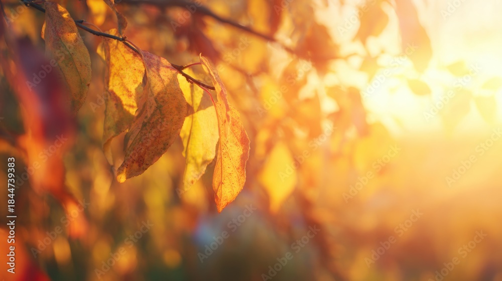 Fototapeta premium Sunlight shines through autumn leaves in a tree during evening hours