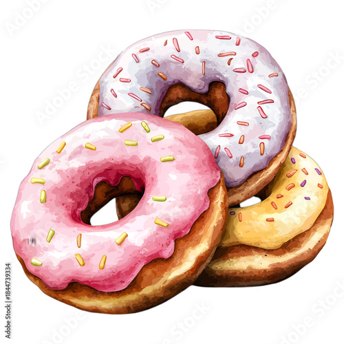 Watercolor stack of pink, purple, yellow donuts with sprinkles, vector
