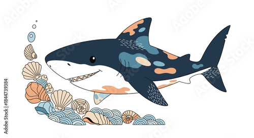 A friendly and cute cartoon shark with colorful spots swimming happily among a collection of beautiful seashells on the ocean floor.