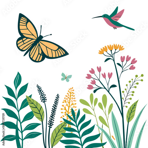Vibrant garden scene with butterflies and hummingbird