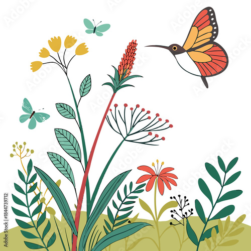 Hummingbird feeding amongst wildflowers