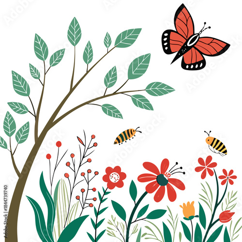 Nature scene with butterfly and bees