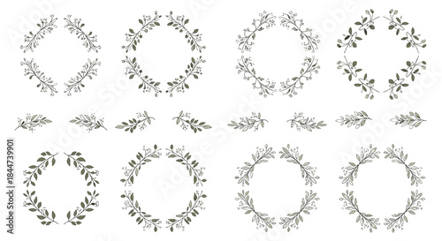 A beautiful collection of hand-drawn floral wreaths and dividers with delicate green leaves and berries for elegant design projects.
