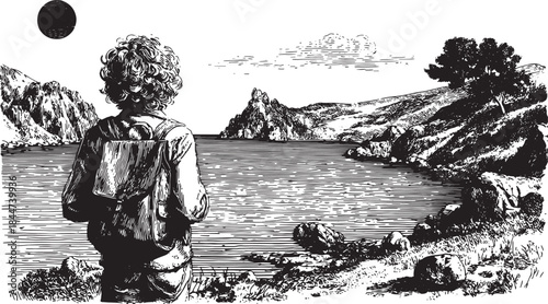 Landscape featuring a hiker overlooking water and mountains. Black and white vector illustration capturing the essence of exploration in nature.