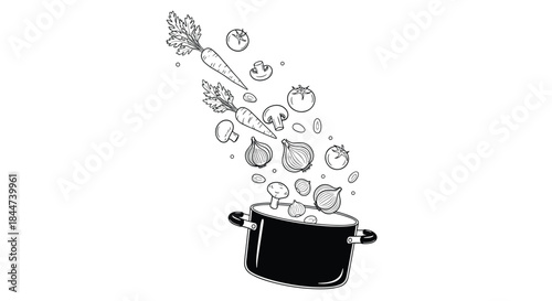 A black and white line art illustration of fresh chopped vegetables falling into a large cooking pot for a healthy soup recipe.