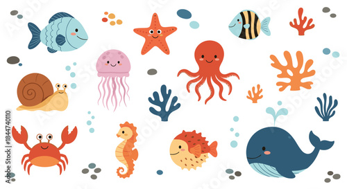 A delightful set of various cute cartoon sea animals and plants including a fish whale octopus crab and jellyfish for kids.