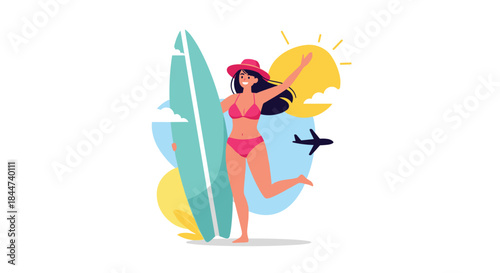 A happy young woman in a pink bikini and sun hat holds a surfboard ready for a fun summer day at the beach.