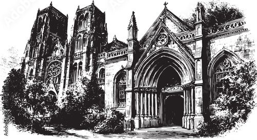 Gothic cathedral facade in black and white engraving. Detailed architectural vector illustration featuring towers and ornate elements in a scenic outdoor set.