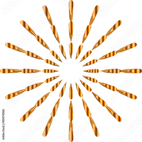 A symmetrical abstract design shows glossy golden elongated shapes radiating outward in a circular burst against a deep