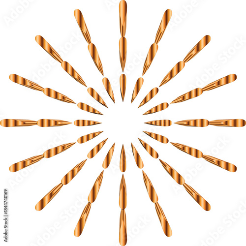 A symmetrical abstract design shows glossy golden elongated shapes radiating outward in a circular burst against a deep