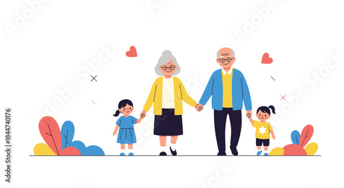 A happy family of grandparents holding hands and walking with their two young granddaughters surrounded by hearts and plants.