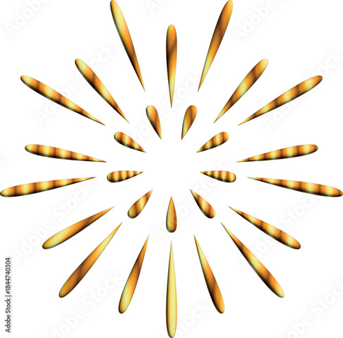 An abstract radial sunburst of elongated golden shapes radiates symmetrically from the center on a white background, creating a bright, dynamic geometric composition.