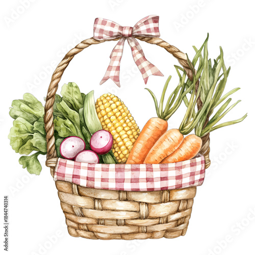 Watercolor wicker basket with fresh vegetables, harvest, vector
