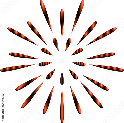 An abstract radial burst of deep red and orange teardrop shapes spreads symmetrically from the center on a black background, creating a dramatic glowing pattern.