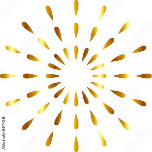 An abstract radial sunburst of golden teardrop shapes spreads symmetrically from the center on a clean white background, creating a bright and elegant decorative pattern.