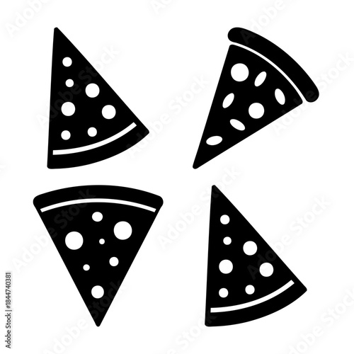 Stylized black and white pizza slice icon set, minimalist graphic design for food