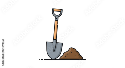 A simple icon of a shovel with a wooden handle standing upright next to a small pile of brown dirt or soil.
