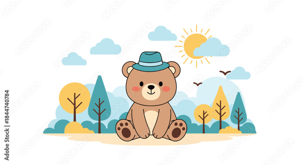 Fototapeta premium A cute and friendly brown teddy bear wearing a blue hat sits in a beautiful forest landscape with trees and a sun.