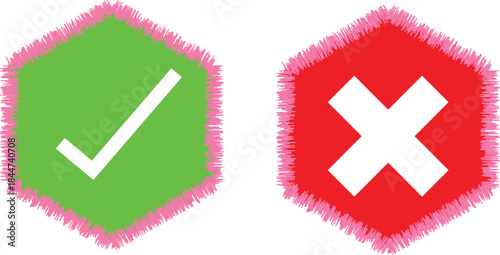 green checkmark and red cross hexagon badge icons with fuzzy borders for approval rejection and yes no decision indicators