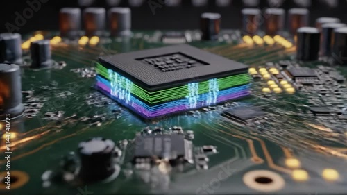 Modern Electronic Circuit Board - This close-up shot depicts a green circuit board featuring electronic components like capacitors and chips.