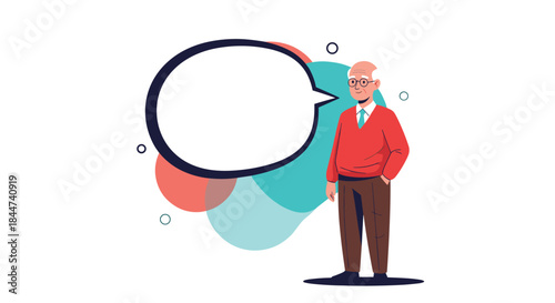 A wise-looking elderly man in a red sweater stands next to a large blank speech bubble ready for your message or text.