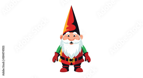 A colorful and cheerful garden gnome with a long white beard and a pointy red and yellow hat stands on a white background.