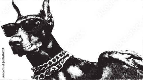 Dog wearing sunglasses with a chain. This unique vector illustration highlights the black animal's cool style and confident expression.