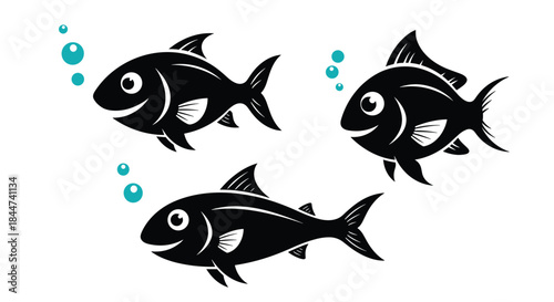 Three stylized black fish silhouettes swim together with bright turquoise bubbles in this simple and modern vector illustration.