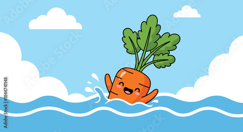 A cheerful and cute cartoon carrot character with a happy face is shown splashing and swimming in the blue water for fun.