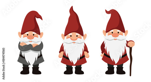 A collection of three classic garden gnomes with white beards and red pointy hats is shown in different poses and outfits.