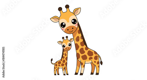 A loving mother giraffe and her adorable baby stand together in a sweet and charming illustration of maternal love.