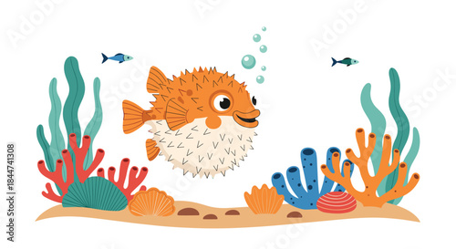 A cute and funny puffer fish character swims happily over a colorful coral reef in a vibrant underwater ocean scene.