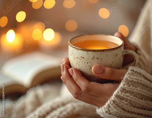 Woman Holding Cozy Mug with Hot Tea – Warm Hygge Atmosphere ai generated