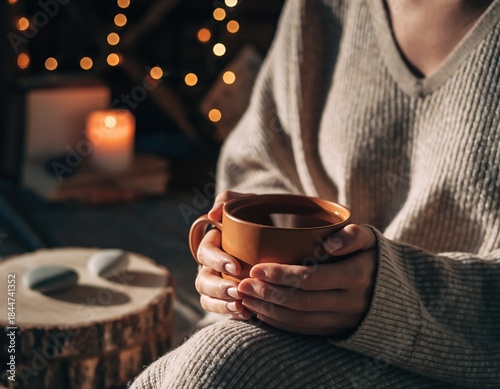 Woman Holding Cozy Mug with Hot Tea – Warm Hygge Atmosphere ai generated