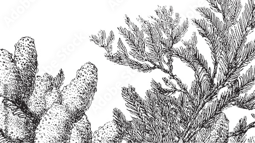 Tree branch foliage illustration in black and white. Detailed botanical vector illustration with linear texture and natural elements in a set.