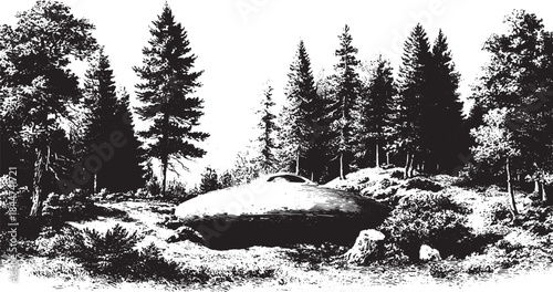UFO spaceship in a black and white forest illustration. Mysterious outdoor scene vector illustration showcasing silhouettes of trees and a strange object.