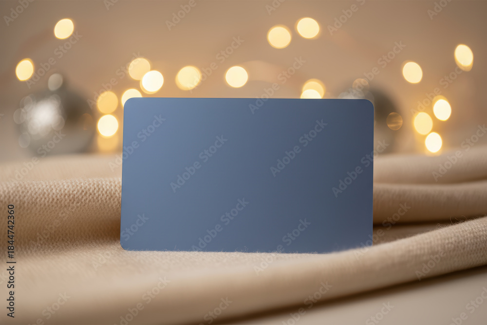 Obraz premium Blank blue card on a beige fabric with christmas lights