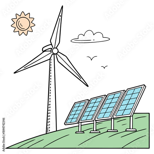 Renewable energy sources with wind turbine and solar panels on green hill