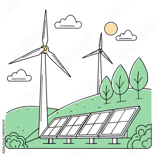 Renewable energy sources with wind turbines and solar panels in a green landscape