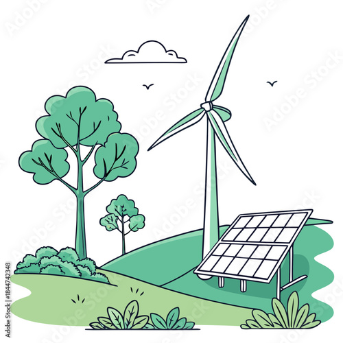 Renewable energy sources with solar panel and wind turbine in green landscape