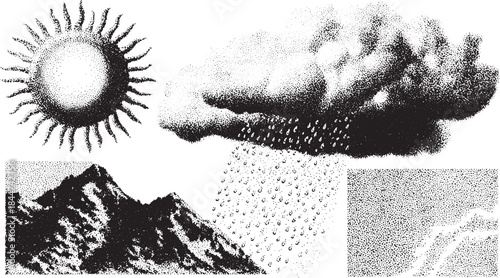 Sun and cloud illustration with rain and lightning over mountains. A black and white vector set with textured details.