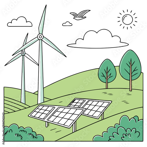 Renewable energy sources with wind turbines and solar panels in a green landscape